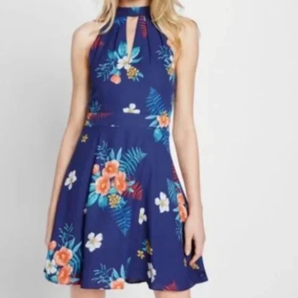 Express NWT Romantic Girly Blue Tropical Luau Floral Halter Neck Dress size 14 - Picture 11 of 11